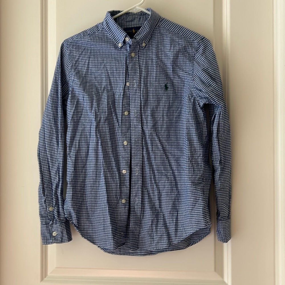 Like New! Ralph Lauren boys button down gingham dress shirt size L(14/16) blue